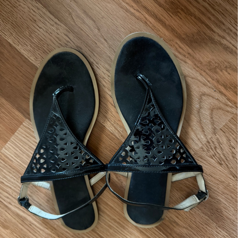Nine West Black Laser-Cut Black Patten Thong Sandals with Tan Sole